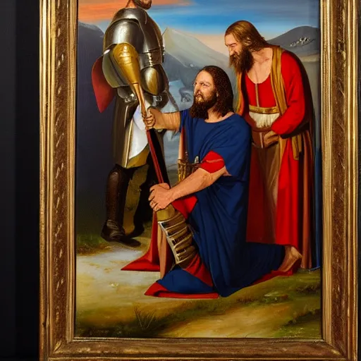 Prompt: An oil painting of Donald Trump wearing plate armor and kneeling. Jesus Christ stands in front of him and is tapping him on the shoulder with a sword, granting him a noble title