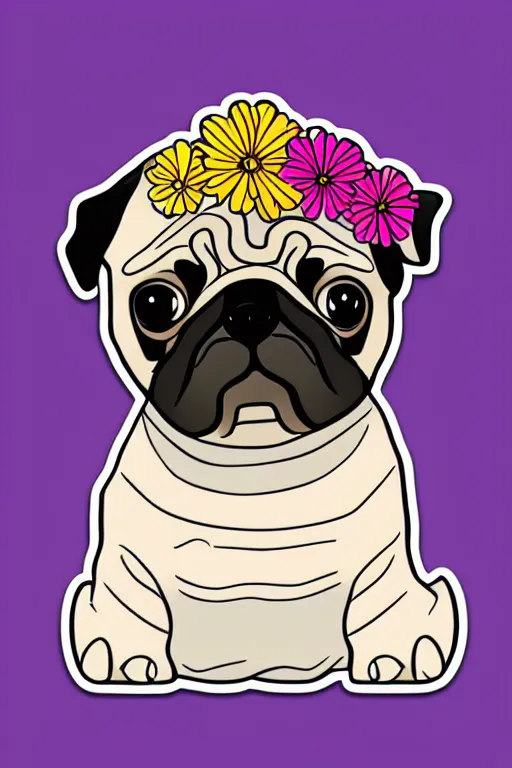 Image similar to portrait of a flower rambo pug, art by milka oxana, sticker, colorful, illustration, highly detailed, simple, smooth and clean vector curves, no jagged lines, vector art, smooth