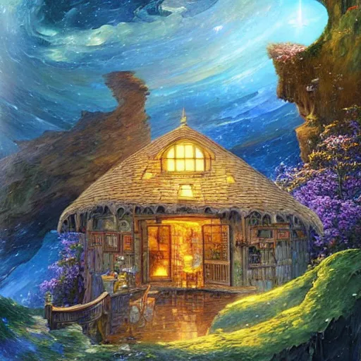 Prompt: cottage in the stars, cliffs of galaxies cryengine render by android jones, james christensen, rob gonsalves, leonid afremov and tim white