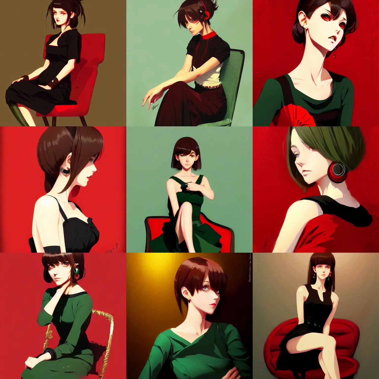 Prompt: gorgeous woman with brown hair and green eyes, wearing an elegant dress, earring, sitting in a chair, painted with red and black color palette, in the style of and ilya kuvshinov and greg rutkowski, high quality anime artstyle, intricate