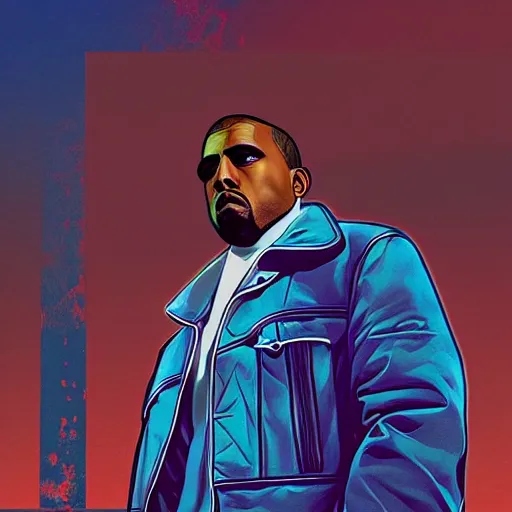 Image similar to illustration gta 5 artwork of kanye west, in the style of gta cover art, by stephen bliss