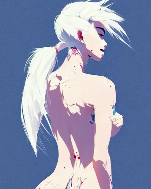 Image similar to a ultradetailed beautiful back painting of a stylish woman with white hair in a pony tail, she is wearing jeans, by conrad roset, greg rutkowski and makoto shinkai trending on artstation