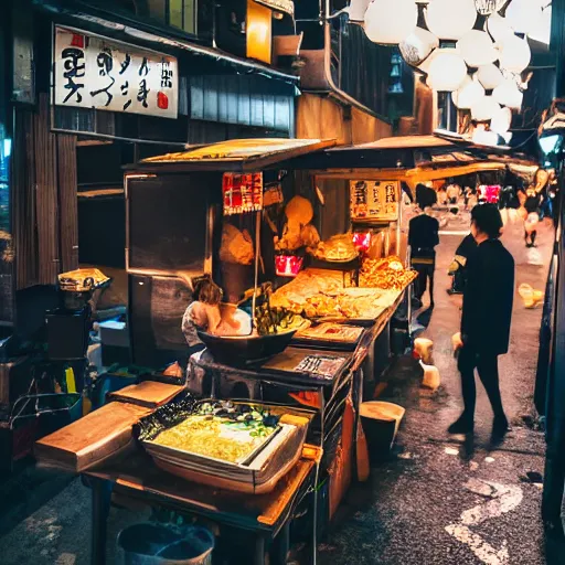 Prompt: very appetizing Japanese street food, food photography, street lights, 8k UHD