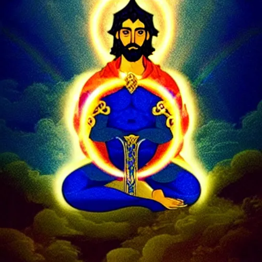 Image similar to what looked like a throne of lapis lazuli, and high above on the throne was a figure like that of a man. waist up, he looks like glowing metal, as if full of fire, and that from there down he looked like fire ; and brilliant light surrounded him. like the appearance of a rainbow in the clouds on a rainy day.