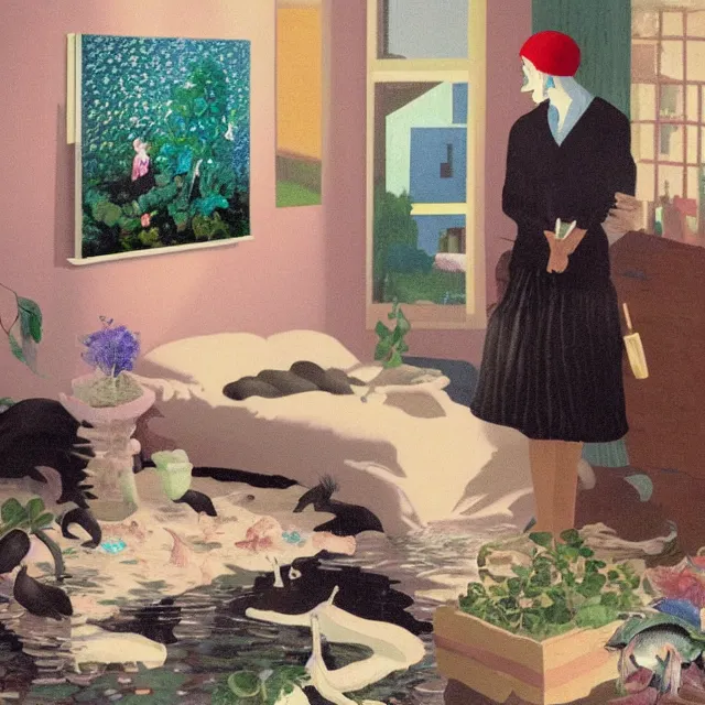 Image similar to female emo art student in her apartment, painting of flood waters inside an artist's feminine bedroom, a river flooding indoors, pomegranates, pigs, ikebana, water, octopus, river, rapids, waterfall, black swans, canoe, berries, acrylic on canvas, surrealist, by magritte and monet