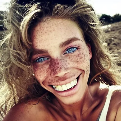 Prompt: a trending photo of over a million views from a female fashion model's instagram account, summer, freckles, smile, green eyes, natural, easygoing, healthy