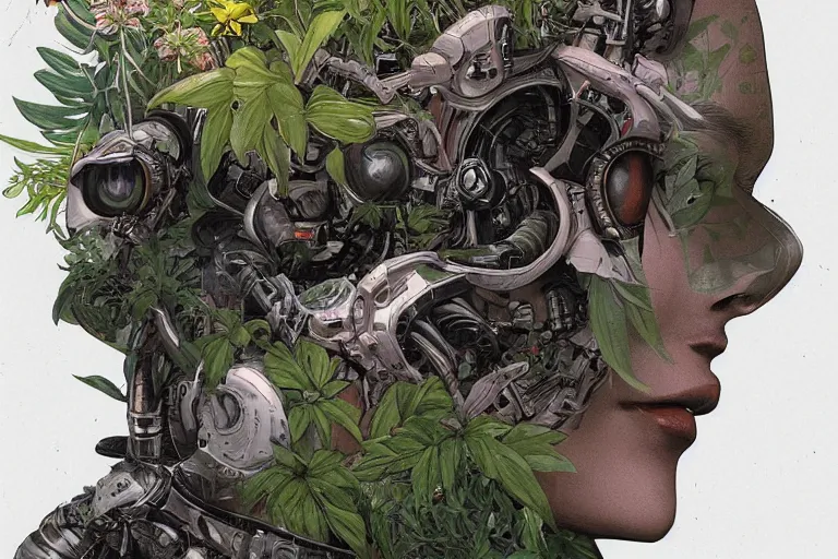 Image similar to gigantic robot - girl head floating in the space, a lot of exotic plants, trees, flowers, oldschool vintage sci - fi flat surreal grainy design, super - detailed, painting by kim jung gi, hd, 4 k, high quality