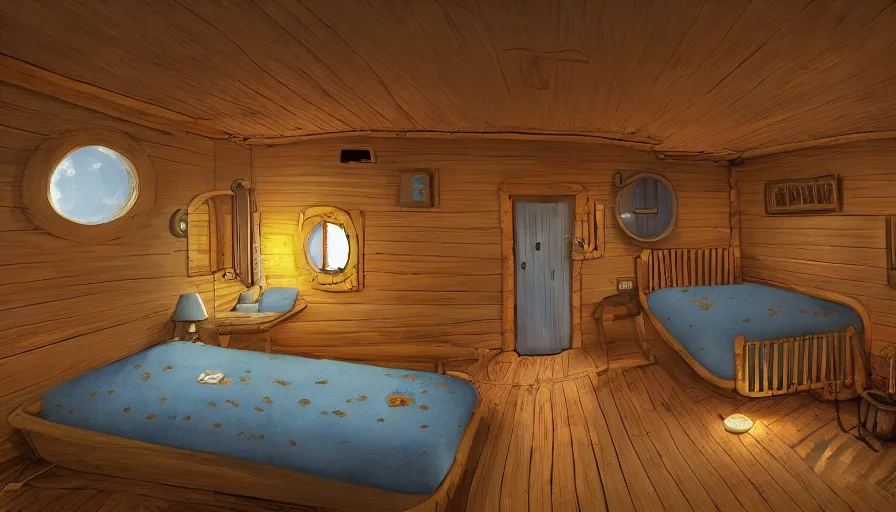 Image similar to a small cabin on a ship. there's a porthole and a bed, digital art, highly detailed, realistic, bright colors, 8 k