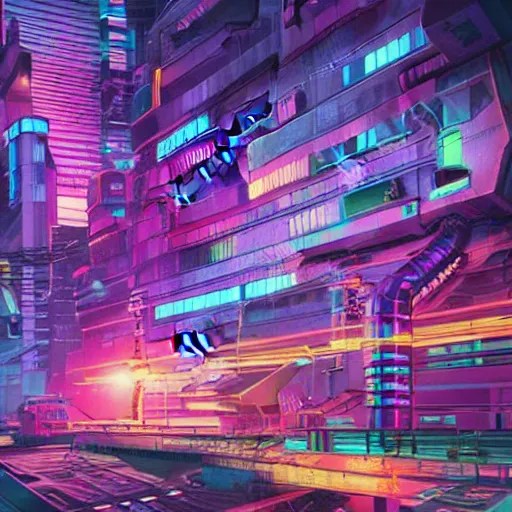 Prompt: Neon factory in big city, big spaceship loading in cargo, space station, Colorful, cyberpunk, high detail, photo realistic, art station