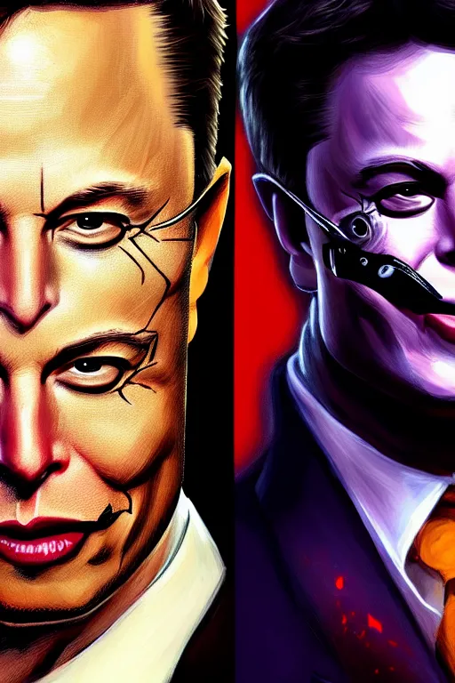 Prompt: elon musk in style of two - face harvey dent one side face has dragonskin fantasy sharp focus intricate elegant digital painting artstation