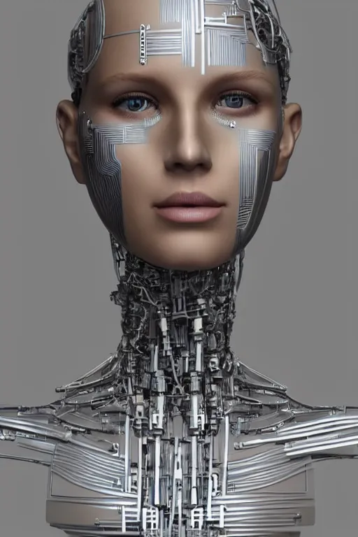 Prompt: robot with human face, female head, full body angle, woman human face, human face realistic, beautiful blonde hair, human head, human head with blonde hair, blonde hair human head, blonde hair, human realistic face, human head skin, cyborg frame concept, cyborg by ales-kotnik, sci-fi android female, the body is made of wires, robotic body, cyborg body, cyborg bust body, robot body cyborg, full body