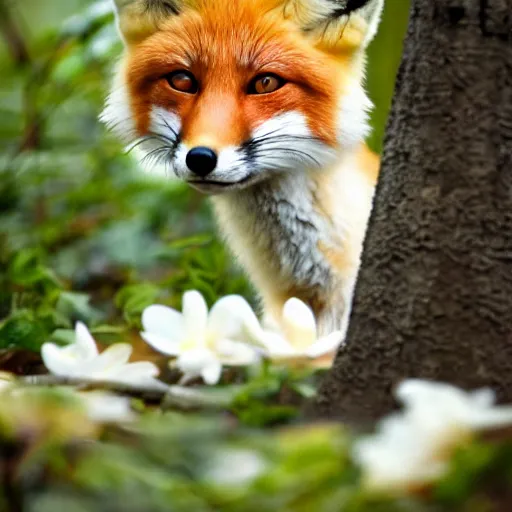 Image similar to small red fox in a forest full of white magnolias, fantasy, photorealistic, highly detailed