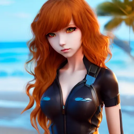 Prompt: black widow as a render of a very beautiful 3d anime girl, long hair, hazel eyes, cute freckles, full round face, short smile, cute sundress, golden hour, serene beach setting, medium shot, mid-shot, highly detailed, trending on Artstation, Unreal Engine 4k