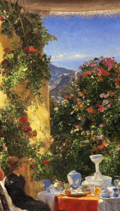 Prompt: still-life painting of garden-terrace party overlooking the Amalfi Coast, by Peder Krøyer, golden hour, dramatic lighting, volumetric lighting, intricately detailed, canvas print