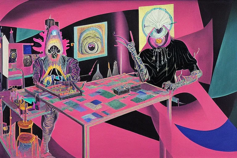 Image similar to a highly detailed beautiful masterpiece painting of a technomancer wizard in dazzle camouflage robes with pointed hood tampering with the world engine in his laboratory near a computer by Remedios Varo and Anato Finnstark and Greg Rutkowski and Andy Warhol and Francis Picabia, dayglo pink, dayglo blue, prismatic, pearlescent white, raven black, hyperrealism, 8k, trending on ArtStation