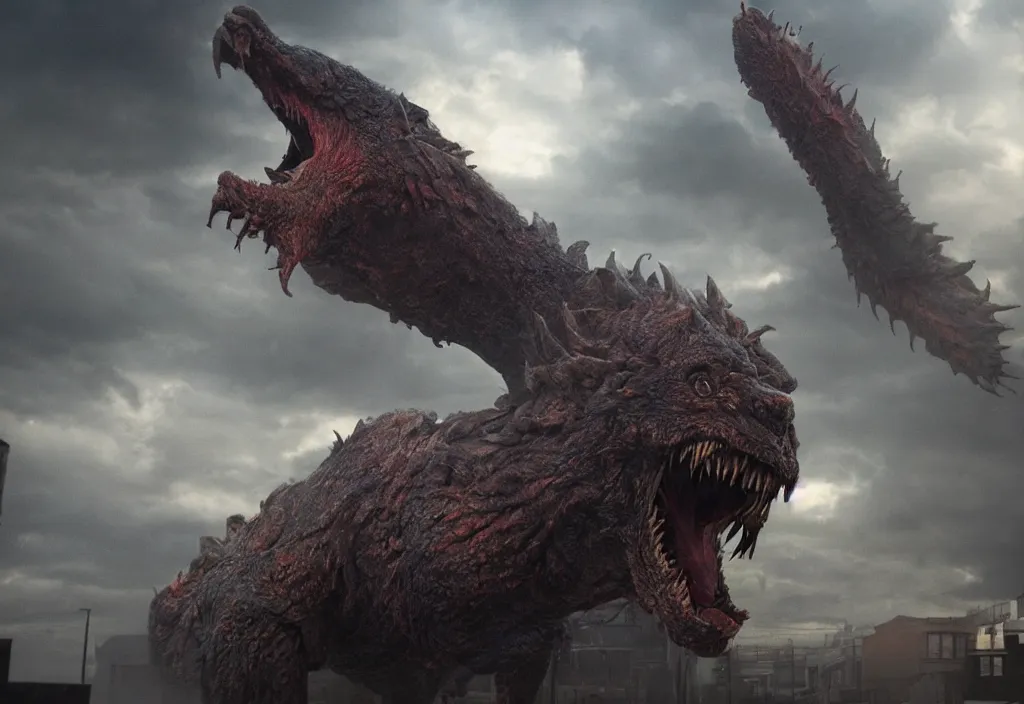 Prompt: vfx color film closeup, huge behemoth monster creature fury beast by aaron sims, in residential street, low - key lighting award winning photography arri alexa cinematography, hyper real photorealistic cinematic beautiful, atmospheric