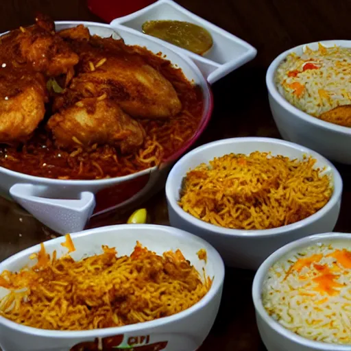 Image similar to A college student is eating chicken biryani in an Andhra mess, highly detailed, 4k