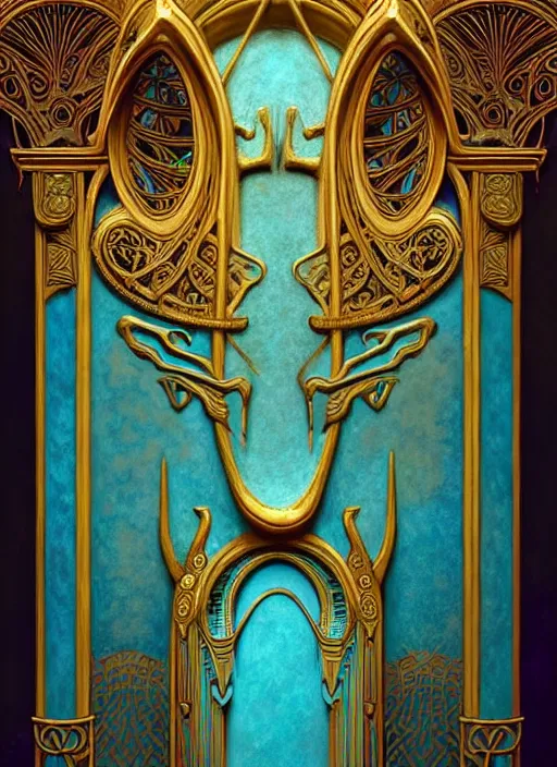 Image similar to ornate sacred sarcophagus, art nouveau hieroglyphics, cyan and gold palette, symmetry, fantasy, intricate, elegant, highly detailed, colorful, dark colors, dramatic shadow, digital painting, artstation, concept art, art by artgerm and greg rutkowski and ruan jia,