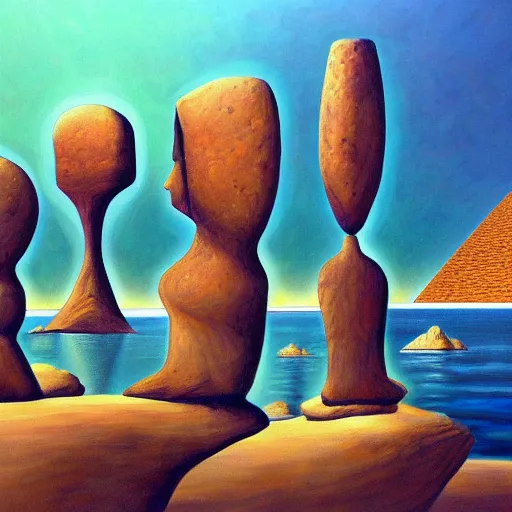 Image similar to a painting of a group of people sitting on rocks, a surrealist painting by abdullah gerguri, cg society, neo - primitivism, fractalism, egyptian art, artstation