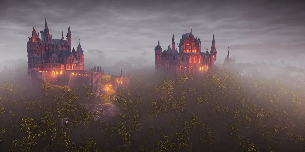 Prompt: a highly detailed photo of a gothic castle surrounded by a mist shot during twilight on 3 0 mm film painted by alena aenami, rendered in unreal engine