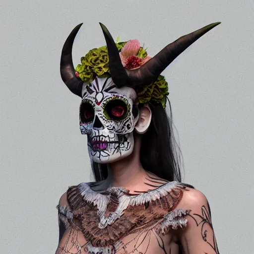 Image similar to changeling satyr lady, mid - waist self - portrait, perfect symmetry, intricate, dia de los muertos, skulls and flowers mask, aztec ultra detailed feathered dress 4 k resolution, octane rendering, ultra realistic, photo realism, beeple, 3 0 mm