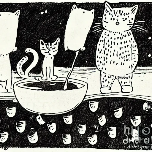 Image similar to cats drinking coffee, amongst raining coffee beans, in the style of Japanese illustration, Maurice Sendak, Tove Jansson