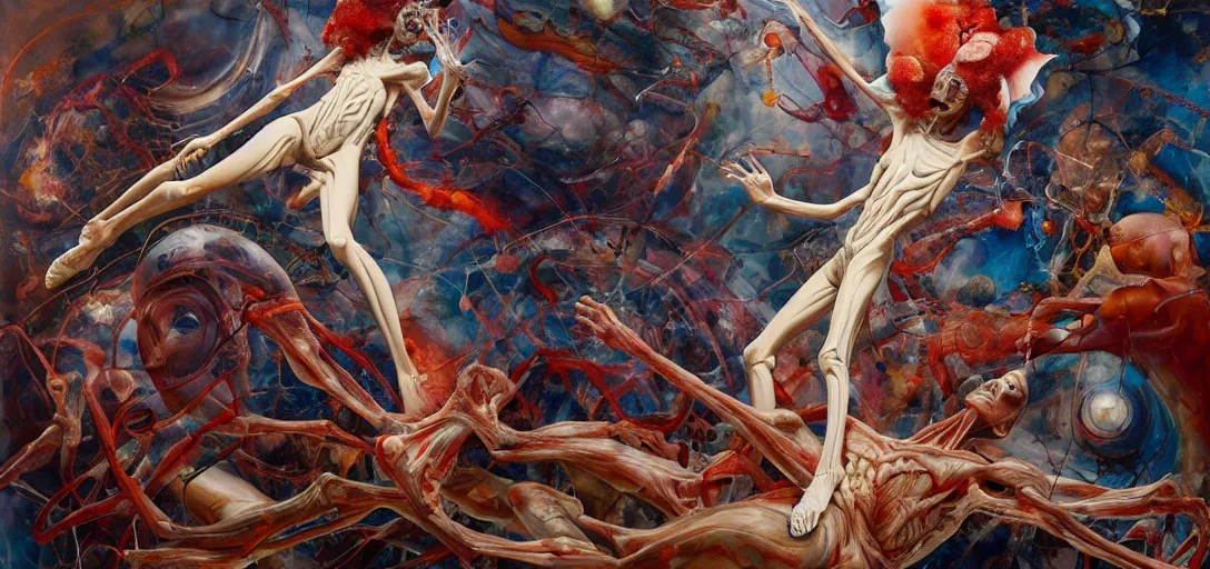 Image similar to abstract, fleshy anatomical skinny figures with extra limbs, hovering in the air, zero gravity, neurons firing, rich colours, karol bak, mark brooks, hauntingly surreal, highly detailed painting by katsuhiro otomo, part by james jean, part by adrian ghenie, part by gerhard richter, soft light 4 k