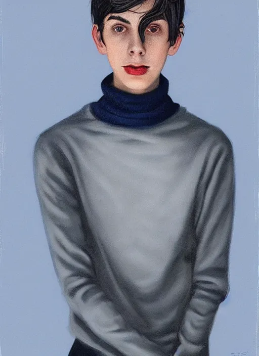 Image similar to portrait of teenage jughead jones wearing a light grey crown, crown, blue turtleneck, 1 9 5 0 s, closed eyes, photorealistic, black hair, glowing lighting, intricate, elegant, glowing lights, highly detailed, digital painting, artstation, concept art, smooth, sharp focus, illustration, art by wlop, mars ravelo and greg rutkowski