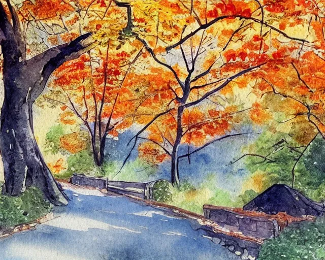 Prompt: countryside in japan, autumn, trees, mountains watercolor-wash