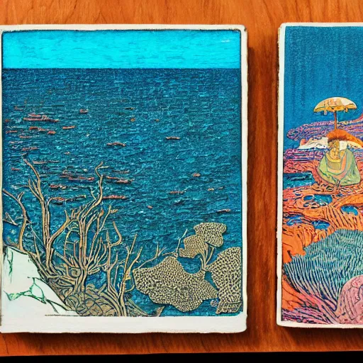 Image similar to detailed ivan bilibin and ilya kuvshinov and katsuhiro otomo inspired woodblock of ocean tidepools.