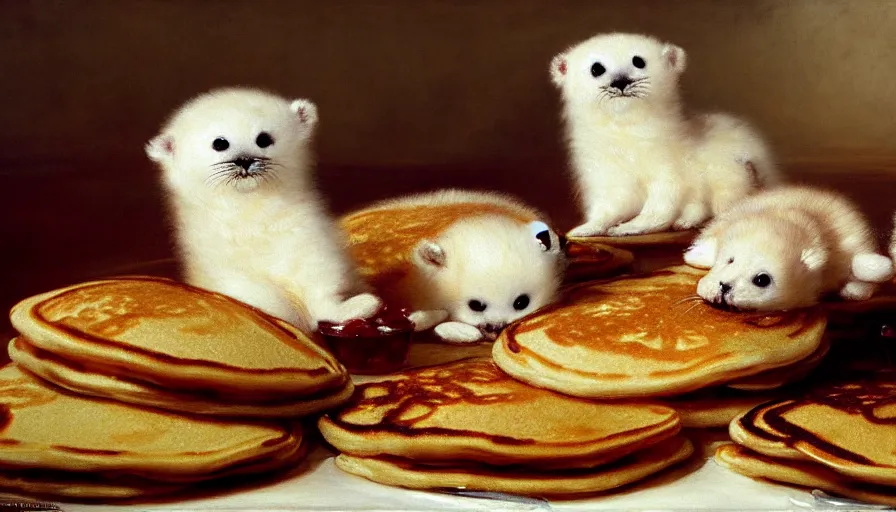 Image similar to highly detailed painting of cute furry white baby seals in a pile of jam pancakes on a table by william turner, by greg rutkowski, by william constable, thick brush strokes and visible paint layers, 4 k resolution