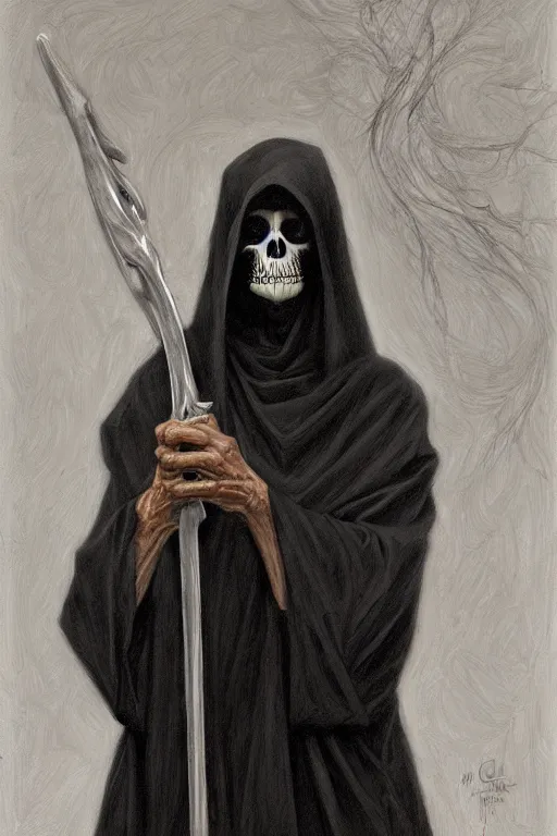 Image similar to portrait of the grim reaper collector of souls, by giancola, very detailed art, elegant, sophisticated, high resolution, smooth