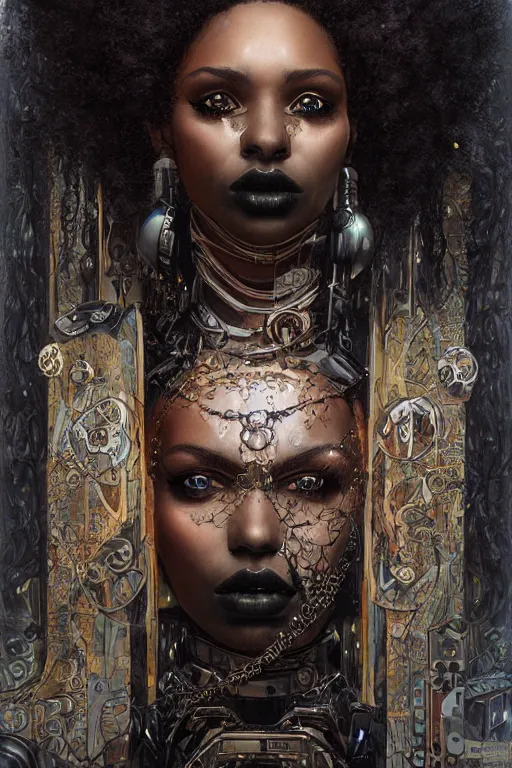 Image similar to portrait of a beautiful young gothic Black woman, cyberpunk, Warhammer, highly detailed, artstation, illustration, art by Gustav Klimt