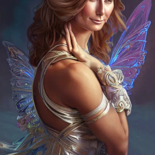 Image similar to a portrait of stacy keibler as a fairy, urban motifs, intricate, elegant, highly detailed, digital painting, trending on artstation, concept art, smooth sharp focus, illustration, art by artgerm and greg rutkowski alphonse mucha 8 k