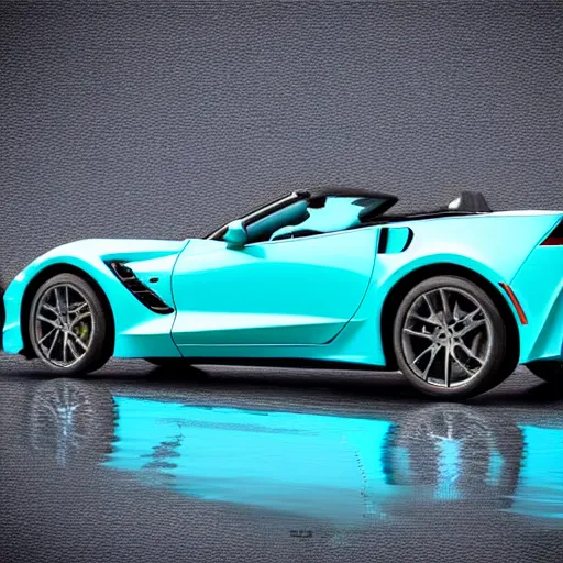 Image similar to a small dark luminous turquoise color liquid water sculpture is a corvette hybrid, corvette convertible, viscous, reflective, monochromatic, digital art