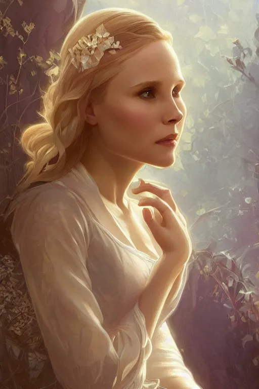 Prompt: beautiful Kristen Bell, intricate, elegant, highly detailed, digital painting, artstation, concept art, smooth, sharp, focus, illustration, art by artgerm and greg rutkowski and alphonse mucha