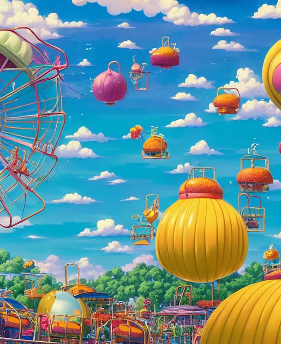 Prompt: a puffy inflated amusement park made out of seamless fat organic creatures, in the style of an aerodynamic blobby obese robot, overgrown with thick orchids, partly cloudy, sun - drenched, dramatic lighting, by dan mumford, yusuke murata, makoto shinkai, ross tran, cinematic, unreal engine, cel shaded, featured on artstation, pixiv