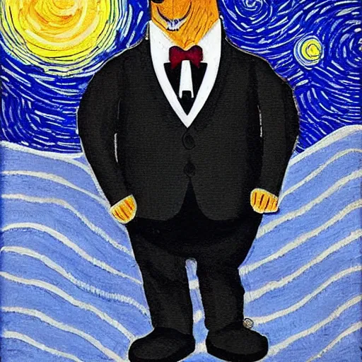 Prompt: in the style of starry night, a tuxedo for a big man with small legs, heart shaped golden mask with white lights for eyes.