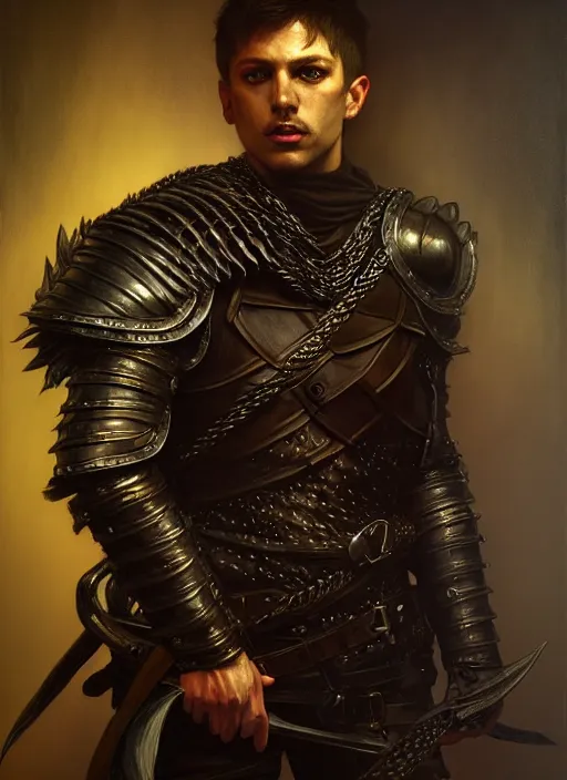 Prompt: male thief, dagger, leather armor, full body, hyper realistic, extremely detailed, dnd character art portrait, dark fantasy art, intricate fantasy painting, dramatic lighting, vivid colors, deviantart, artstation, by edgar maxence and caravaggio and michael whelan and delacroix.