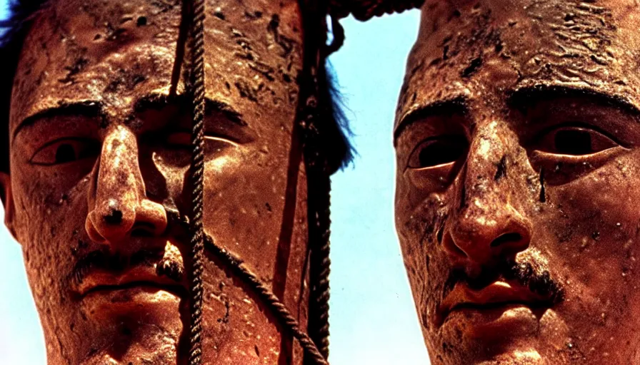 Prompt: 1 9 7 0 s movie still close - up of marcus atilius regulus'face tied with ropes at a pole with wide large - open eyes looking directly at the burning sun, his eyes are bleeding intense, cinestill 8 0 0 t 3 5 mm, high quality, heavy grain, high detail, texture, dramatic light