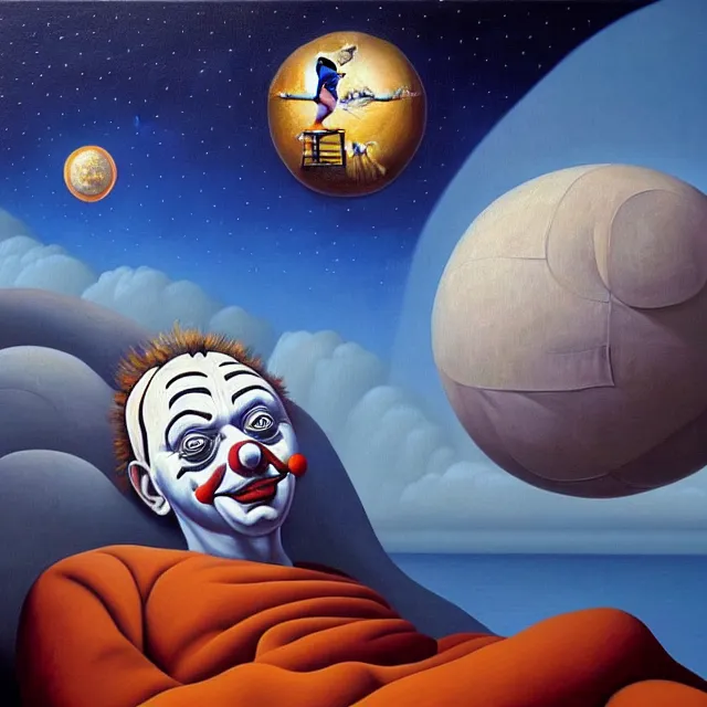 Prompt: an oil on canvas portrait painting of a clown waking up to start a new day, surrealism, surrealist, cosmic horror, rob gonsalves, high detail