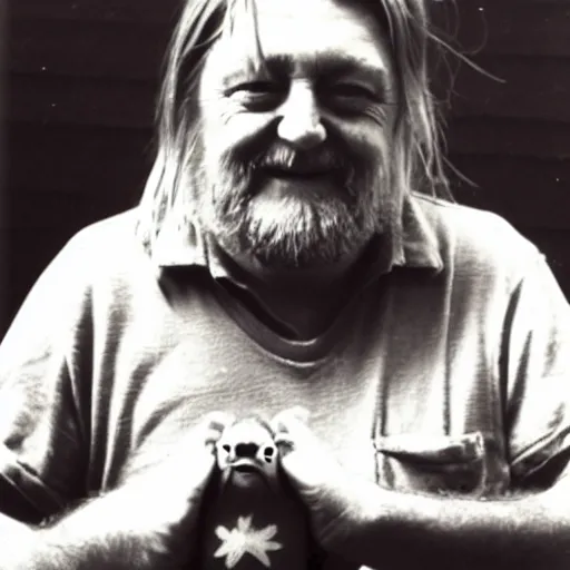 Image similar to robert wyatt sitting and proudly holding a gremlin