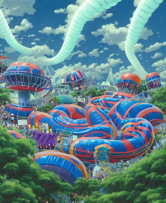 Image similar to a puffy inflated amusement park made out of fat seamless alien snakes, in the style of an aerodynamic obese robot, overgrown with thick orchids, partly cloudy, somber, dramatic lighting, by dan mumford, yusuke murata, makoto shinkai, ross tran, cinematic, unreal engine, cel shaded, featured on artstation, pixiv