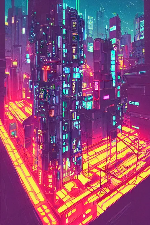 Prompt: cyberpunk buildings with a flight vehicle glowing in the sky, neon sign, bottom view ， bladerunner, by tomer hanuka