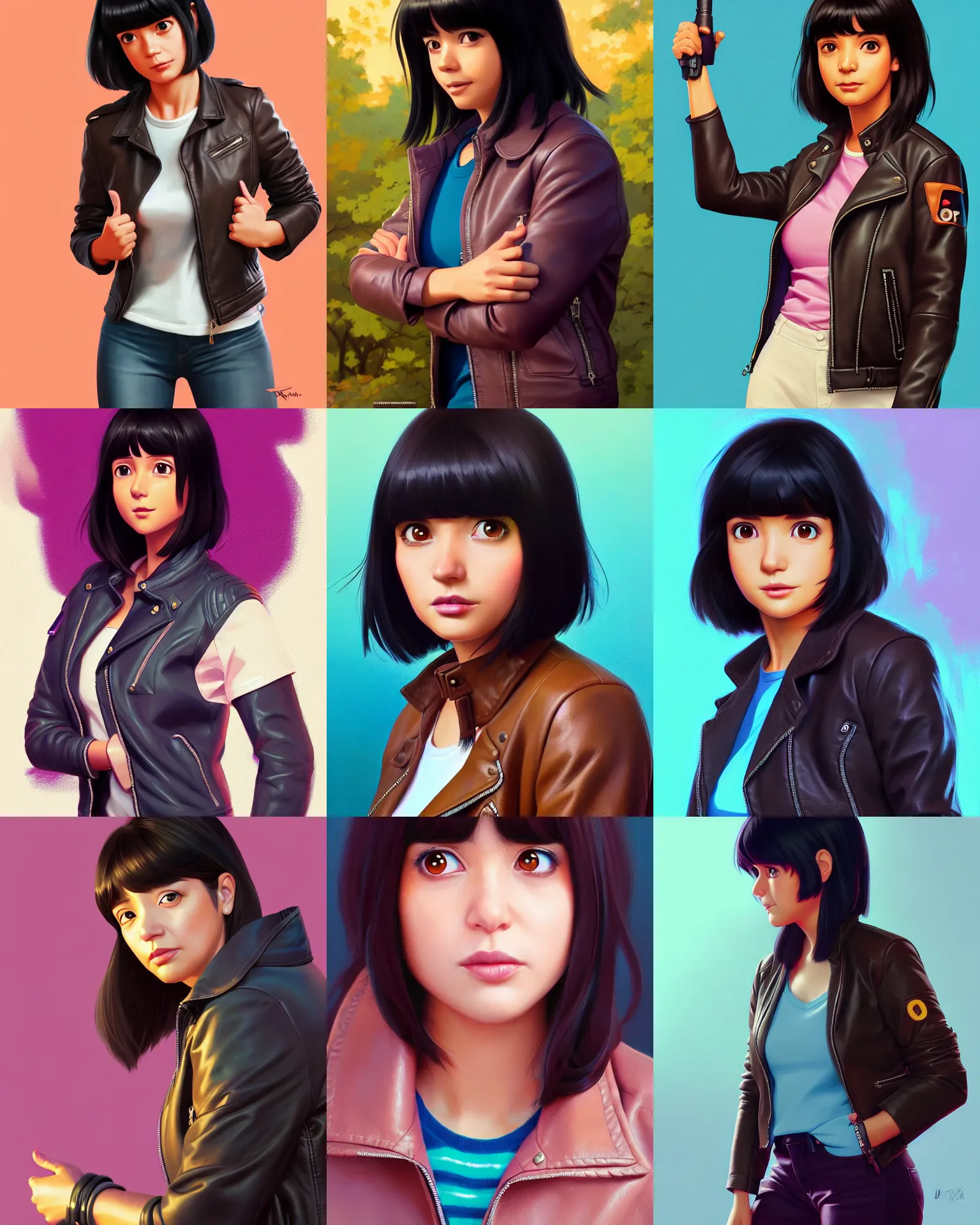 Prompt: real adult dora the explorer as an adult woman, wearing leather jacket, fine detail!! anime!! realistic shaded lighting!!, kim hyun joo, digital painting by ilya kuvshinov, magali villeneuve, artgerm, jeremy lipkin and michael garmash and rob rey