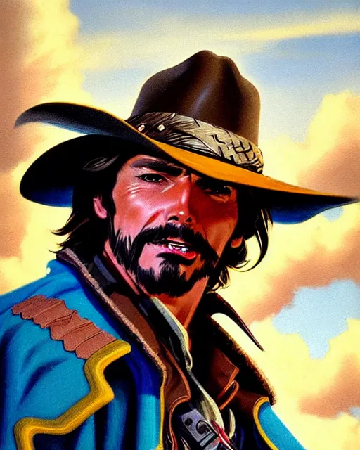 Image similar to mccree from overwatch, in a torn poncho, windy, character portrait, portrait, close up, highly detailed, intricate detail, amazing detail, sharp focus, vintage fantasy art, vintage sci - fi art, radiant light, caustics, by boris vallejo