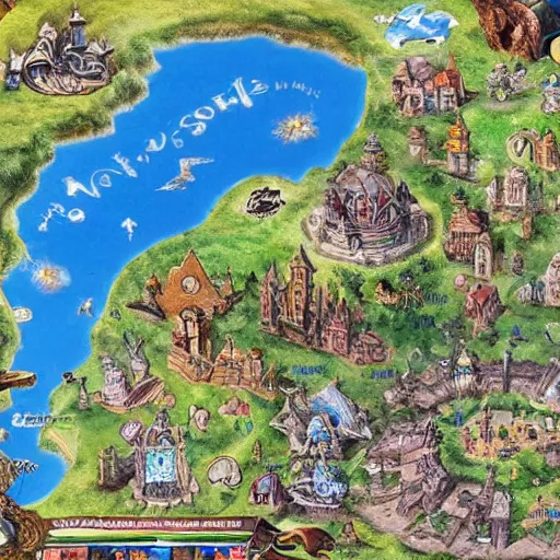 Image similar to google maps satellite image of a magical discworld with many continents like a pokemon sword and shield map.