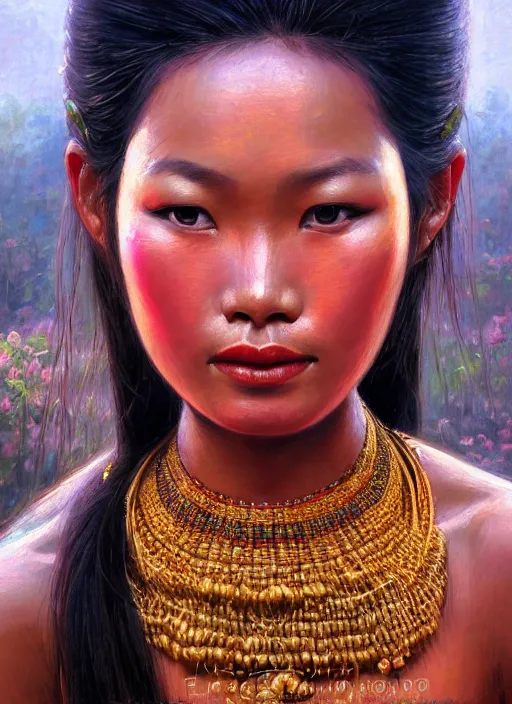 Prompt: portrait of a beautiful female khmer ethnic cambodia, closeup portrait, historical, ethnic group, traditional costume, elegant, loin cloth, highly detailed, oil painting, artstation, concept art, matte, sharp focus, illustration, hearthstone, art by earl norem