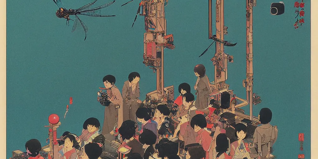 Image similar to gigantic dragonflies with human faces catch tiny robots, a lot of exotic mechas robots around, human heads everywhere, risograph by kawase hasui, edward hopper, satoshi kon and moebius, no text!, colorful flat surreal design, super - detailed, a lot of tiny details, fullshot