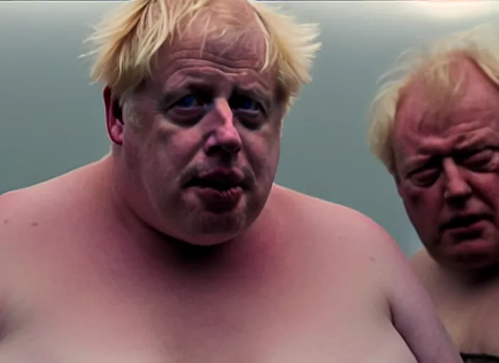 Image similar to boris johnson as baron harkonnen in a black oil bath in a still from the film Dune (2021)